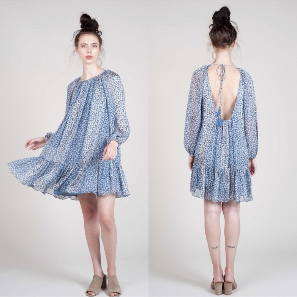 Ulla Johnson Adena Mini‎ Dress Sky Blue Floral Silk Size 4 Metallic Mini Printed
